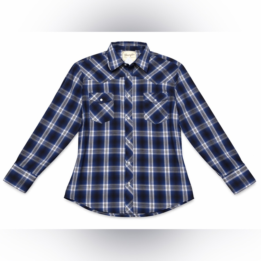 Wrangler Western Shirts Pearl Snap Button Up Plaid Shirt Navy Blue Large